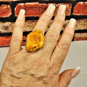 RAW BALTIC AMBER 925 SILVER RING 9.25, BUTTERSCOTCH EGG YOLK AMBER UNISEX RING